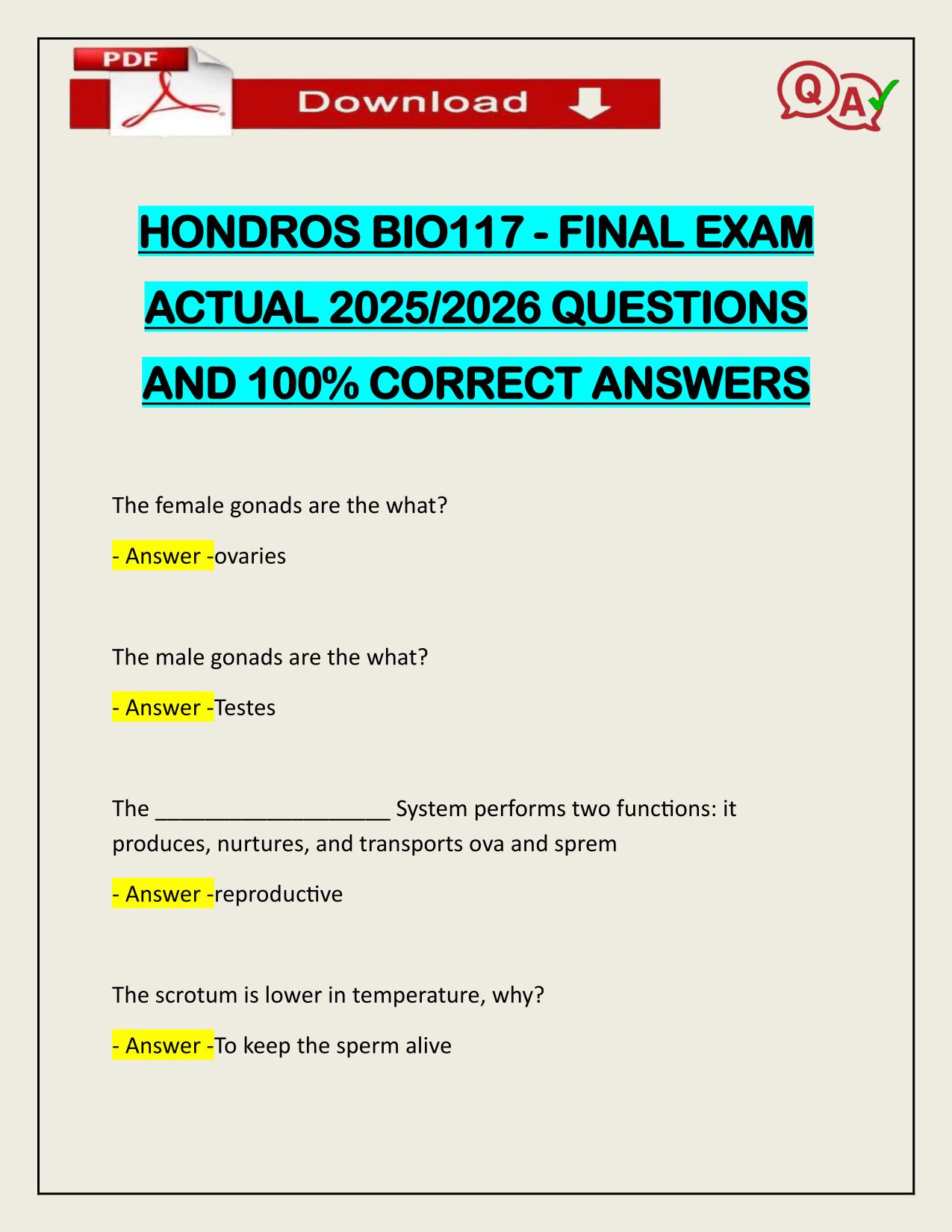 HONDROS BIO117 - FINAL EXAM ACTUAL 2025/2026 VERIFIED UPDATE
