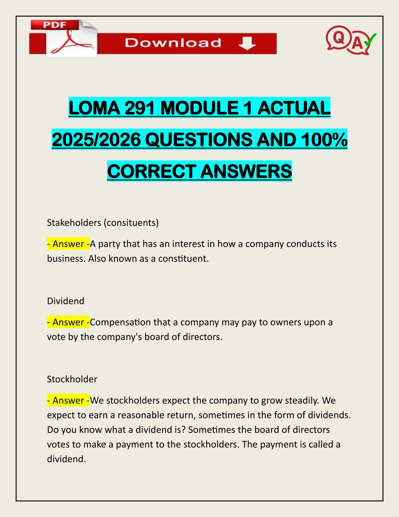 LOMA 291 MODULE 1 ACTUAL 2025/2026 WITH CORRECT ANSWERS
