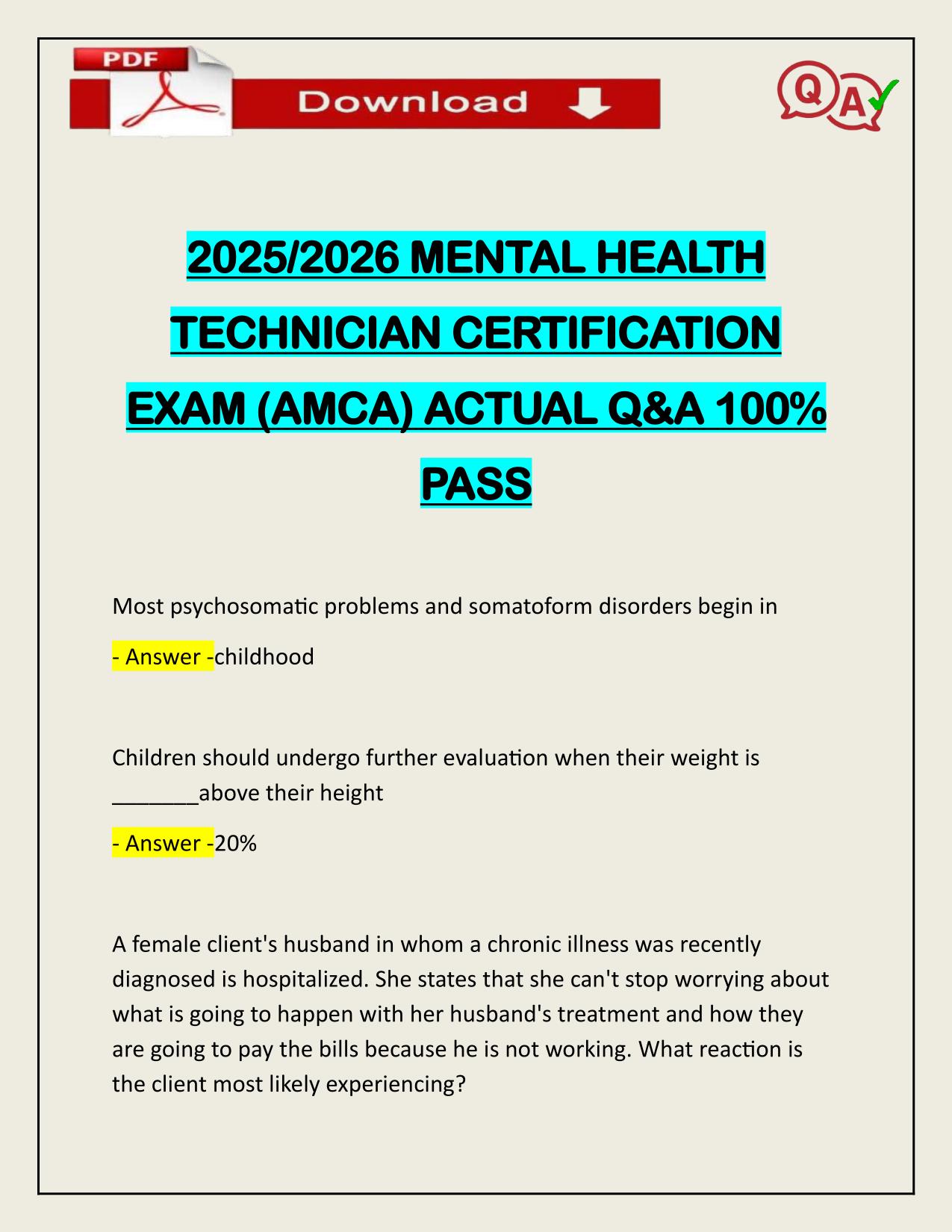 2025/2026 ACTUAL MENTAL HEALTH TECHNICIAN CERTIFICATION EXAM (AMCA)