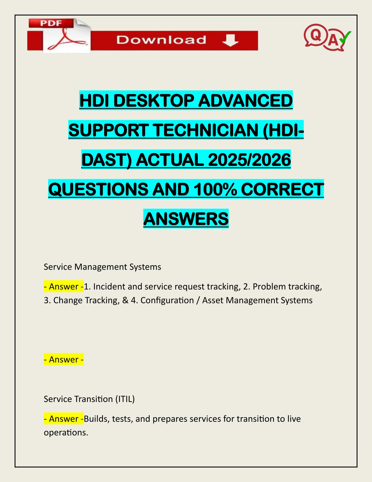 HDI DESKTOP ADVANCED SUPPORT TECHNICIAN (HDIDAST) ACTUAL 2025/2026