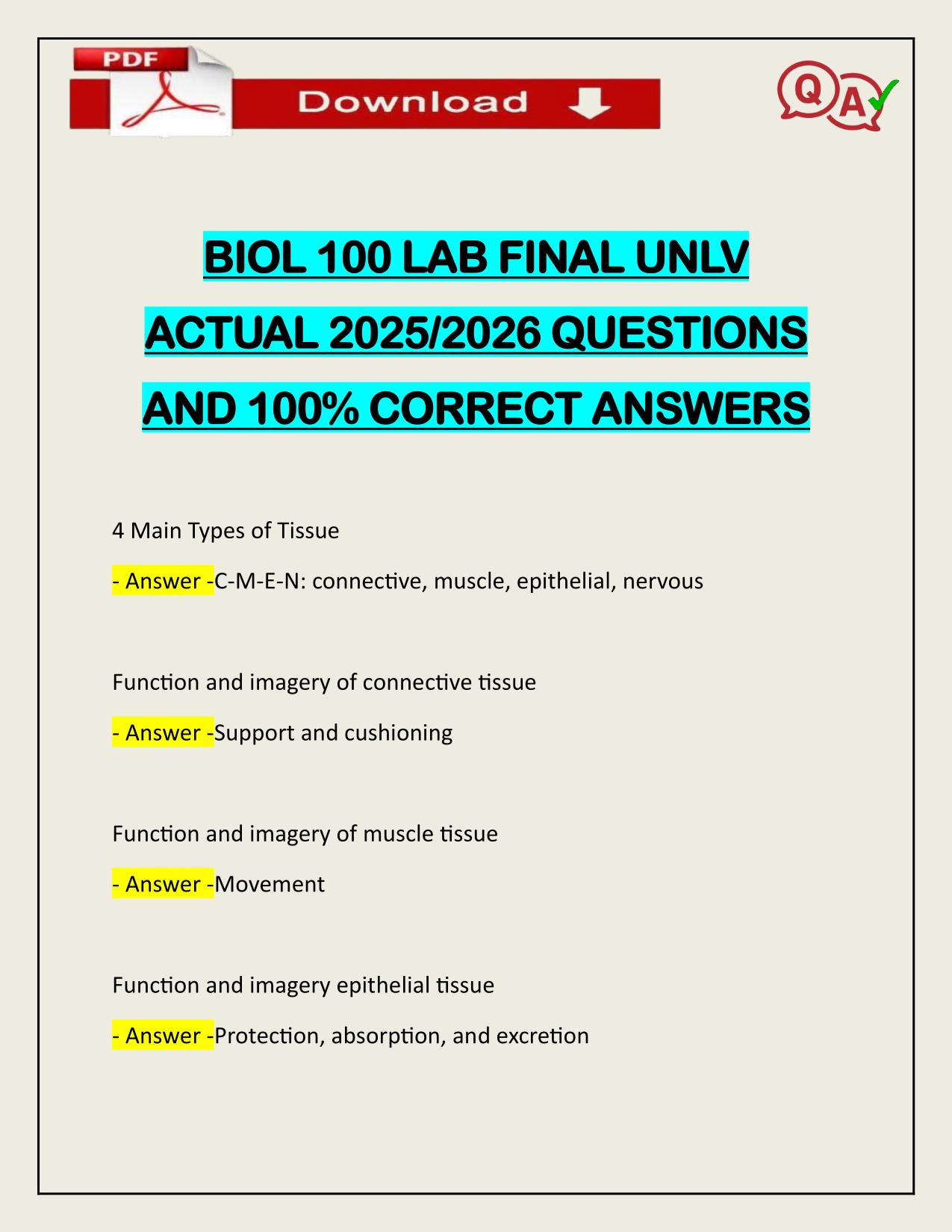 BIOL 100 LAB FINAL UNLV ACTUAL 2025/2026 WITH VERIFIED ANSWERS