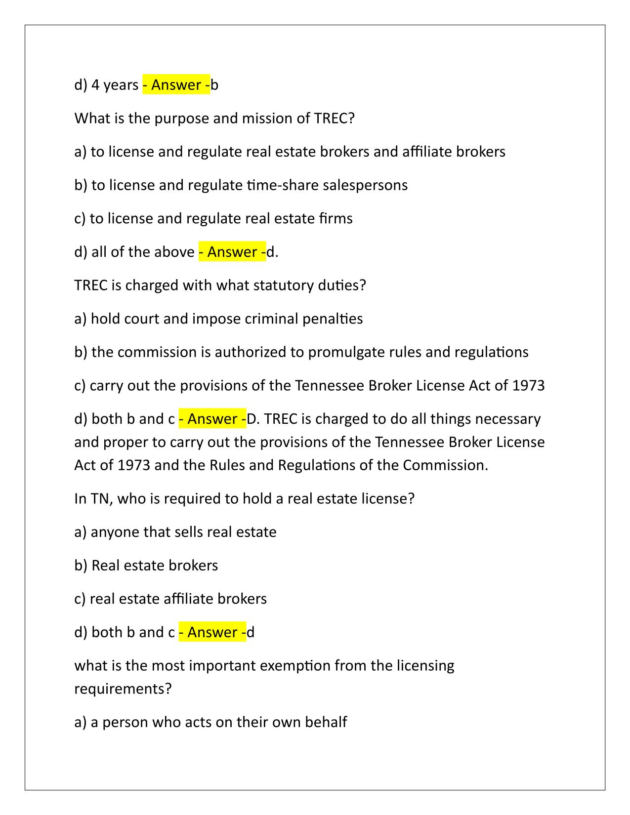 real estate TN EXAM Questions and Answers