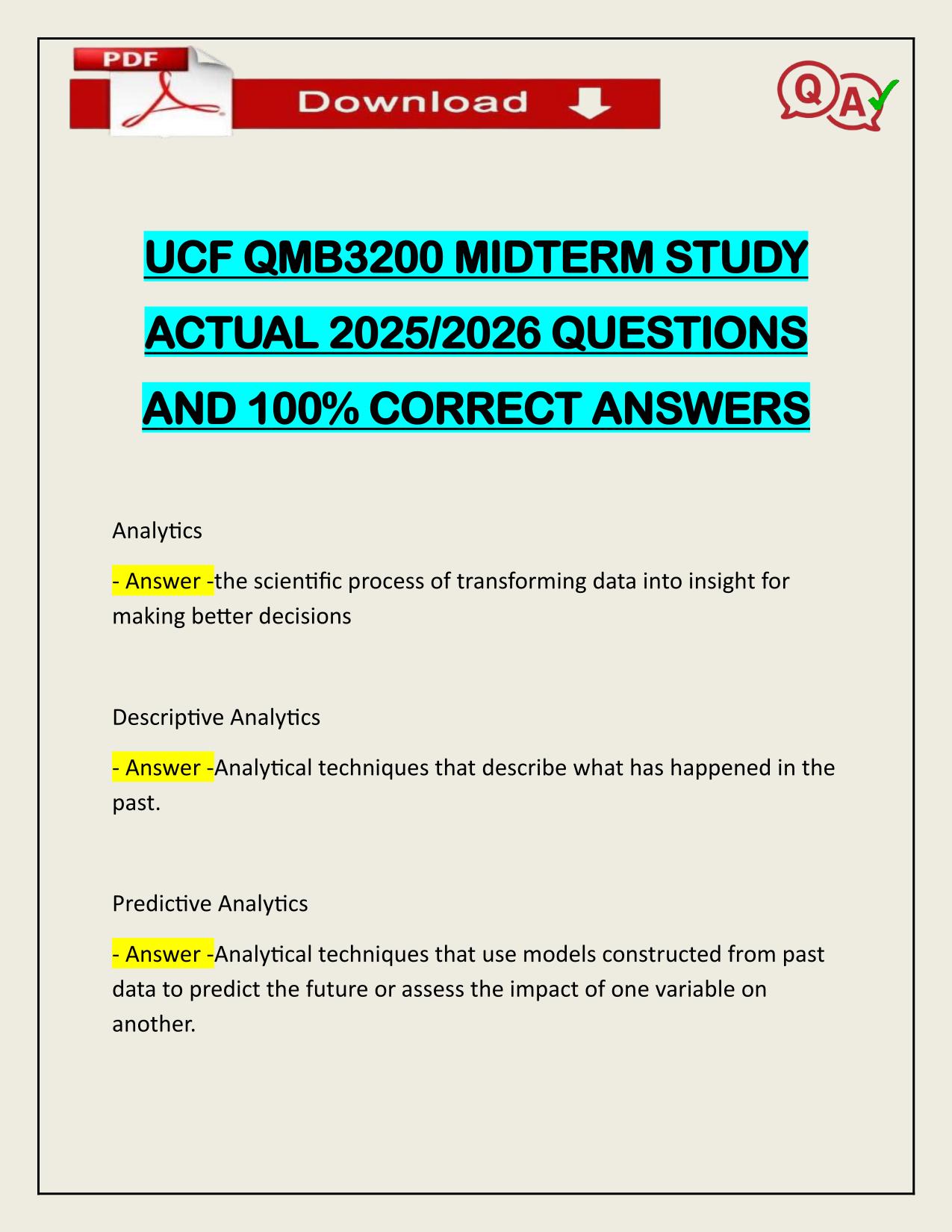 UCF QMB3200 MIDTERM STUDY ACTUAL 2025/2026 WITH VERIFIED SOLUTIONS