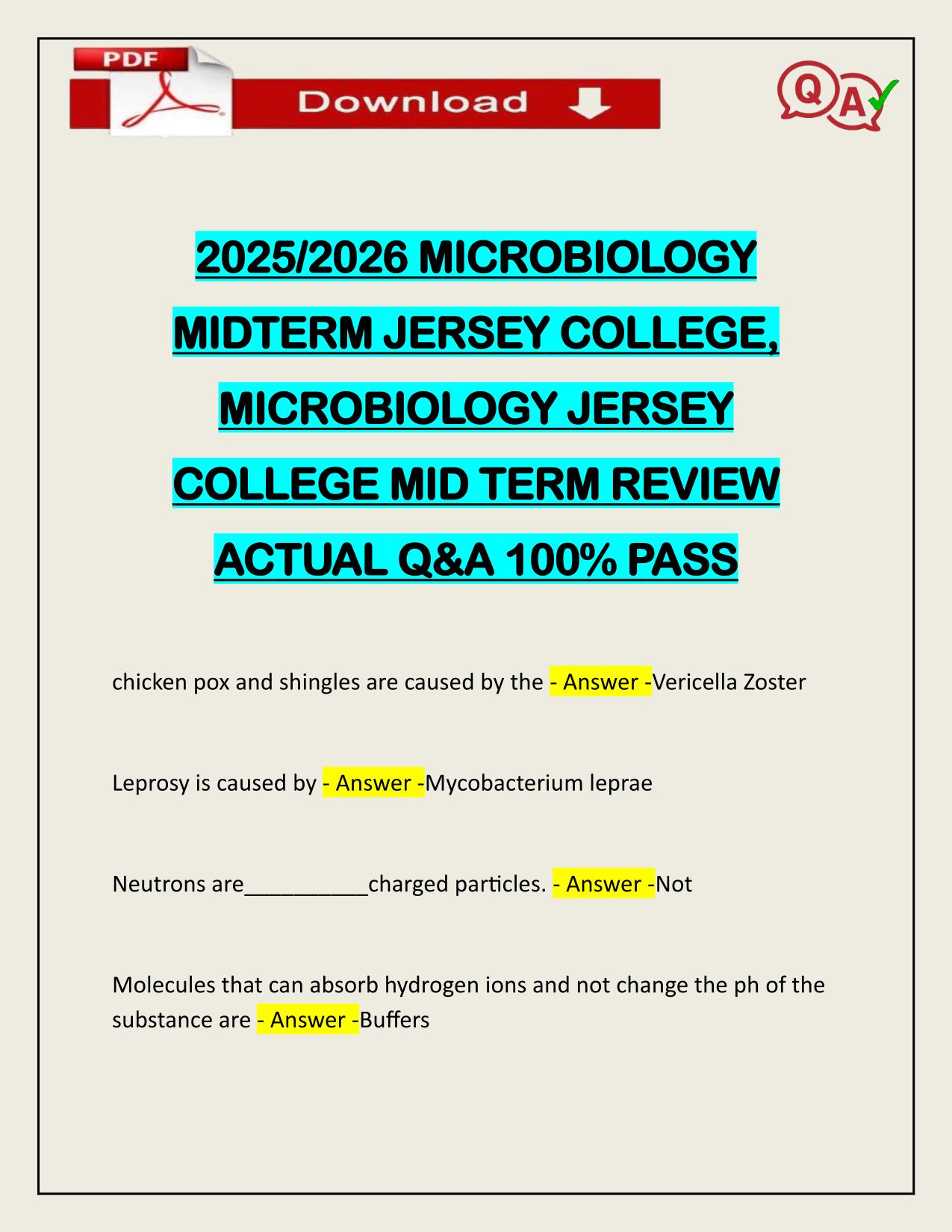 2025/2026 MICROBIOLOGY MIDTERM JERSEY COLLEGE REVIEW ACTUAL Q&A 100% PASS
