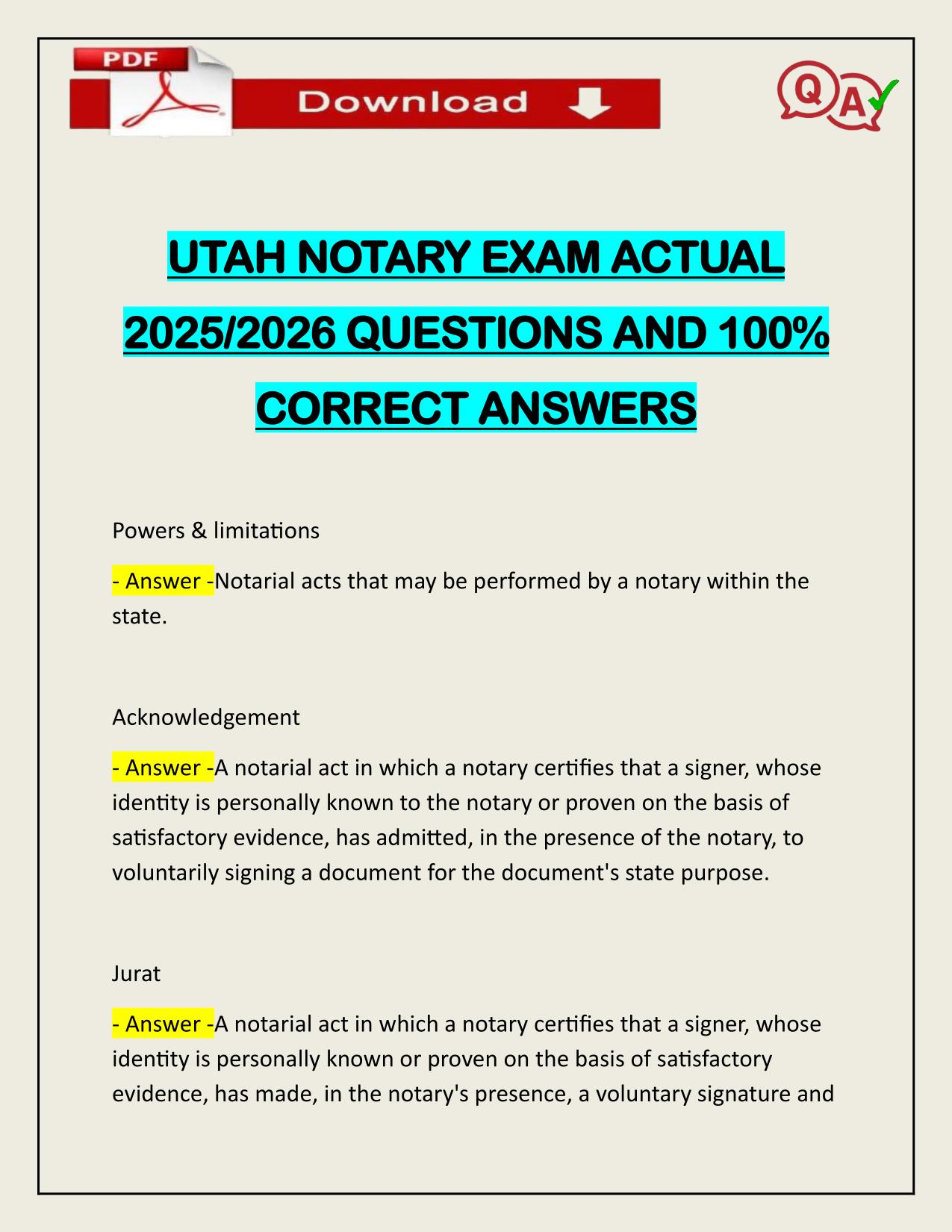 UTAH NOTARY EXAM ACTUAL 2025/2026 CORRECTLY ANSWERED