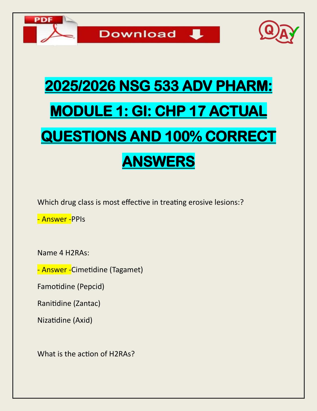 2025/2026 NSG 533 ADV PHARM: MODULE 1: GI: CHP 17 LATEST UPDATE
