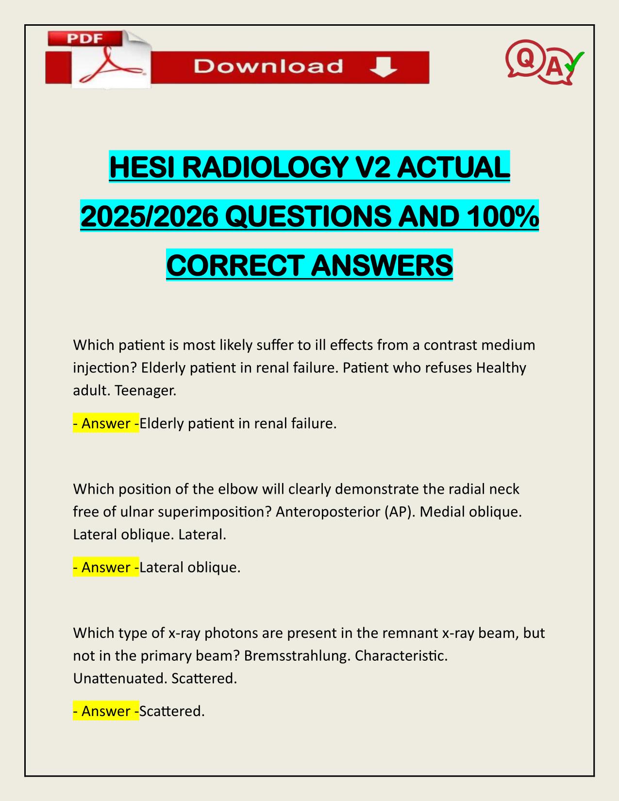 HESI RADIOLOGY V2 ACTUAL 2025/2026 Q&A 100% PASS
