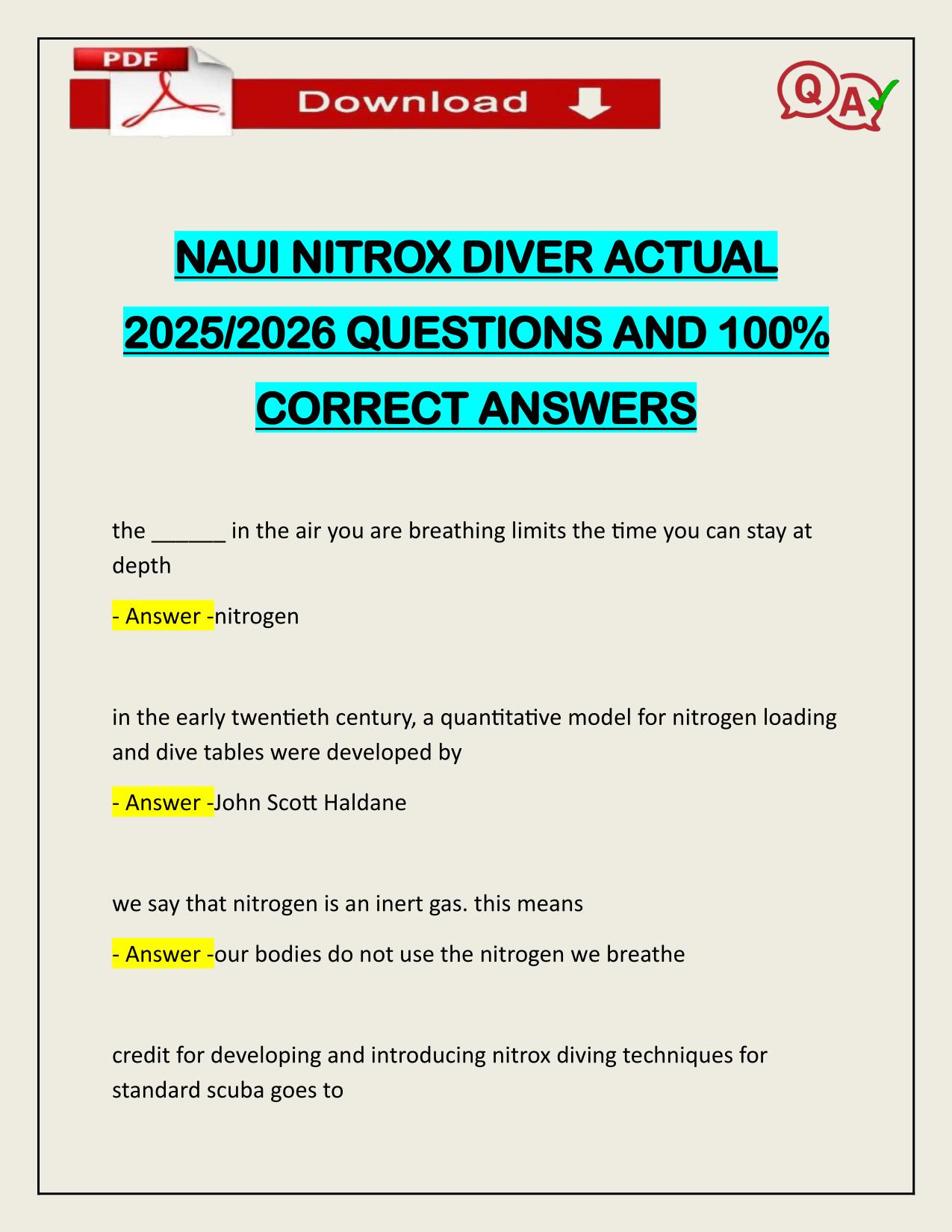 NAUI NITROX DIVER ACTUAL 2025/2026 QUESTIONS AND 100% CORRECT ANSWERS