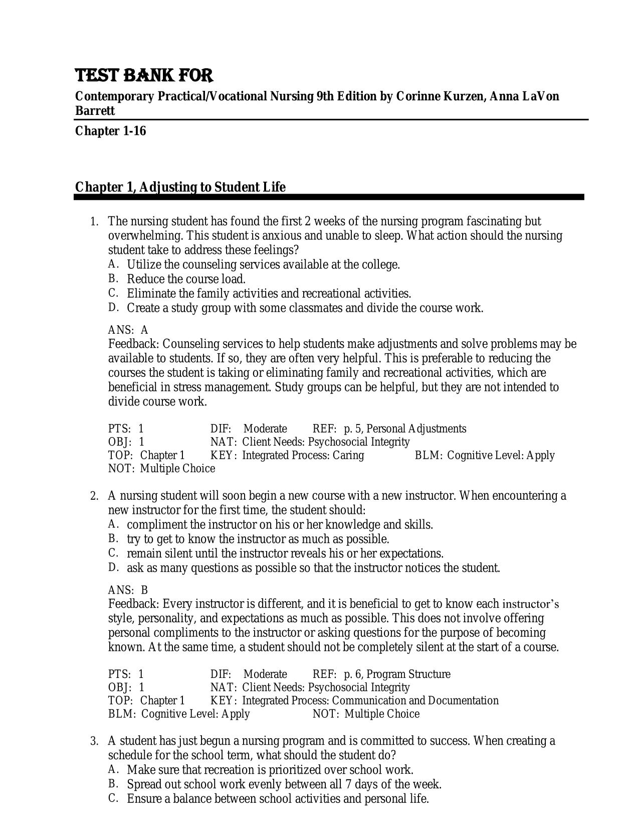 Test Bank for Contemporary Practical Vocational Nursing, 9th Edition by Corrine R. Kurzen