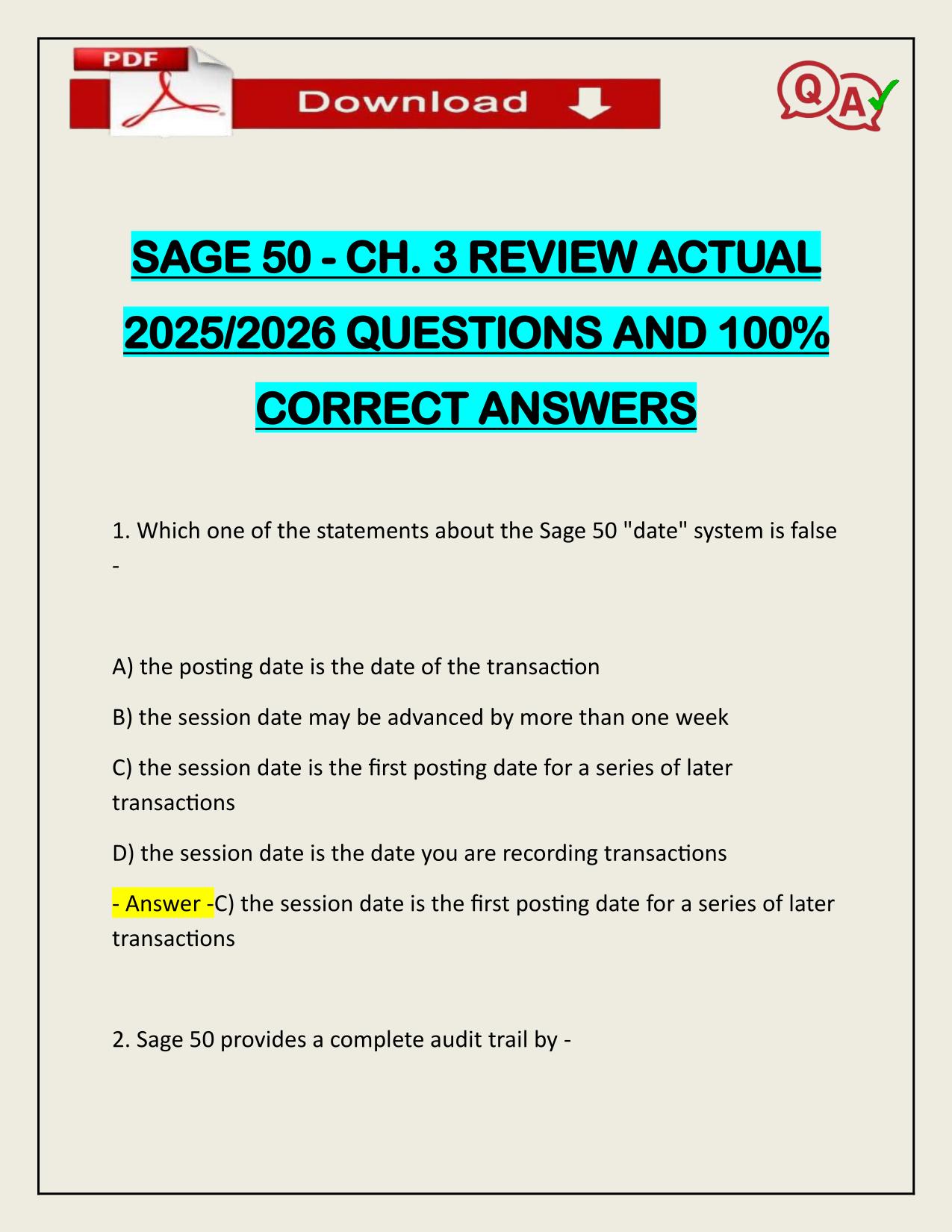SAGE 50 - CH. 3 REVIEW ACTUAL 2025/2026 CORRECTLY ANSWERED