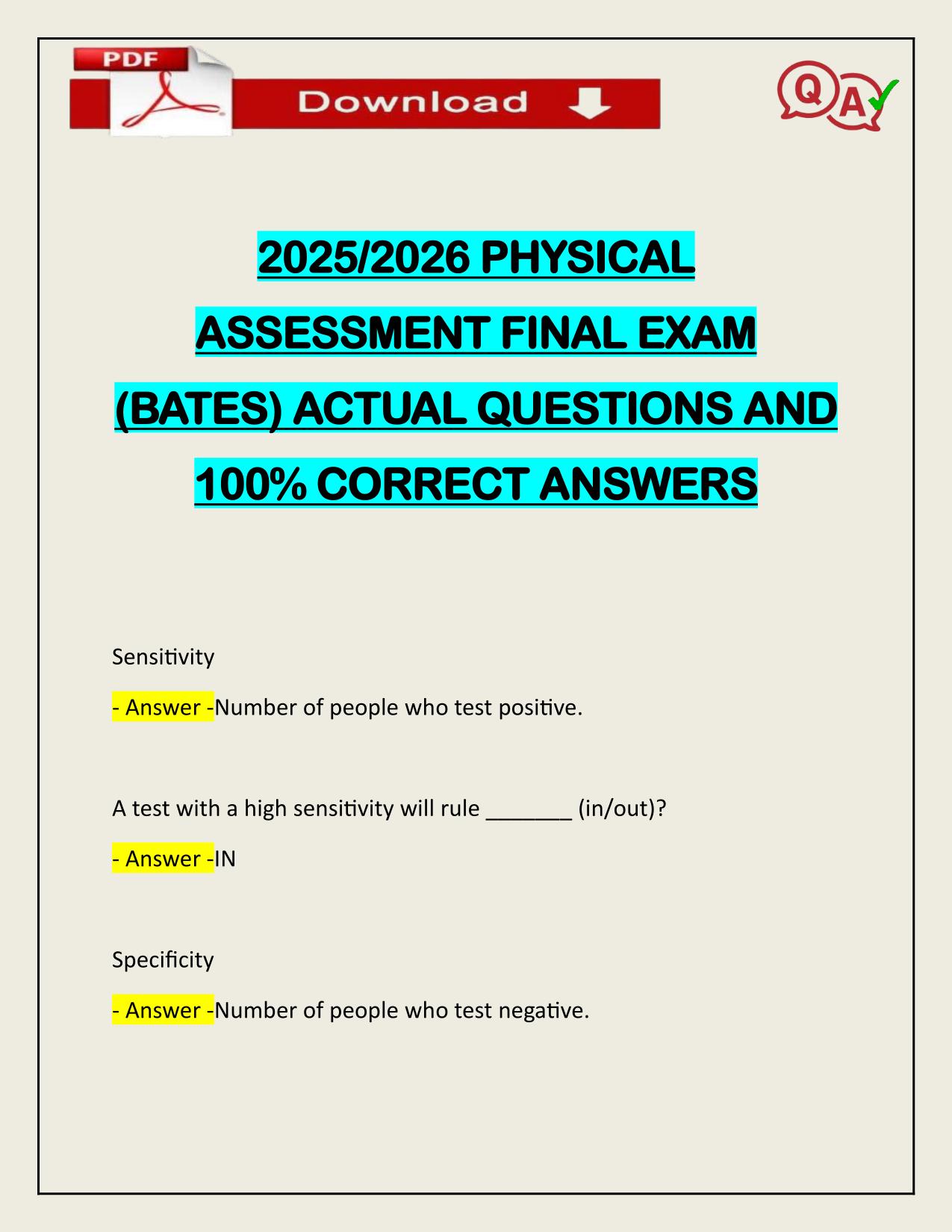2025/2026 PHYSICAL ASSESSMENT FINAL EXAM (BATES) ACTUAL Q&A