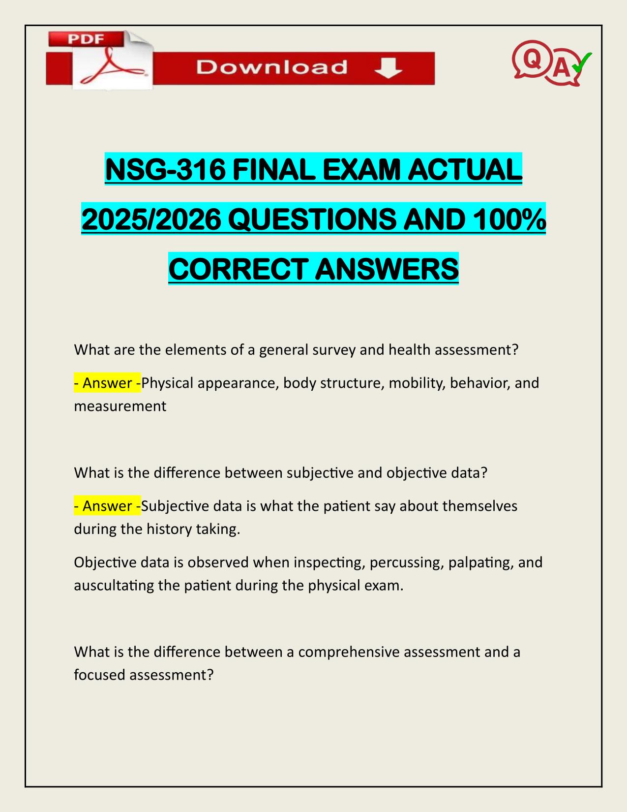 NSG-316 FINAL EXAM ACTUAL 2025/2026 QUESTIONS AND 100% CORRECT ANSWERS