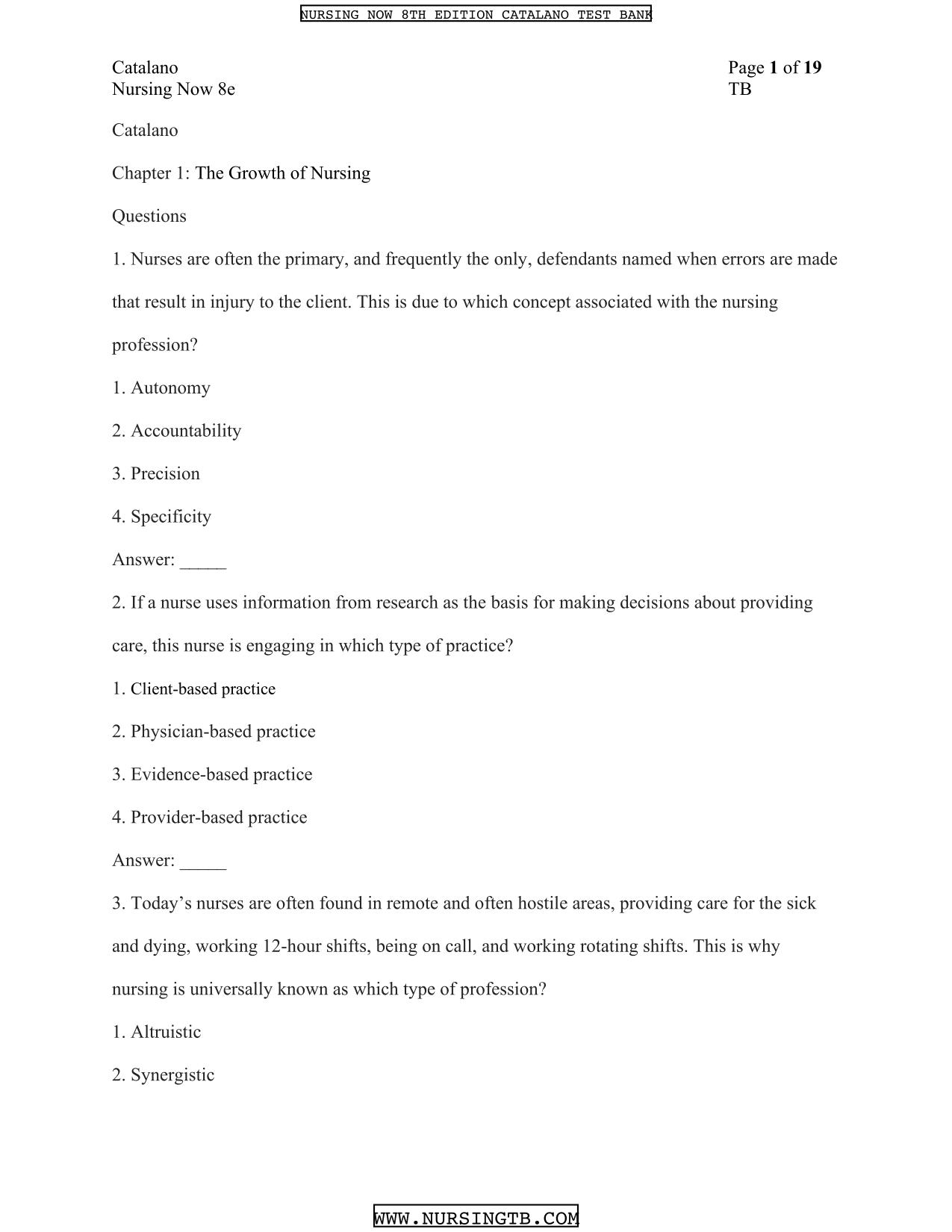 Test bank for Catalano Nursing Now 8th Edition All Chapter 1-28 Latest 2025/2026 ISBN: 9780803614475 