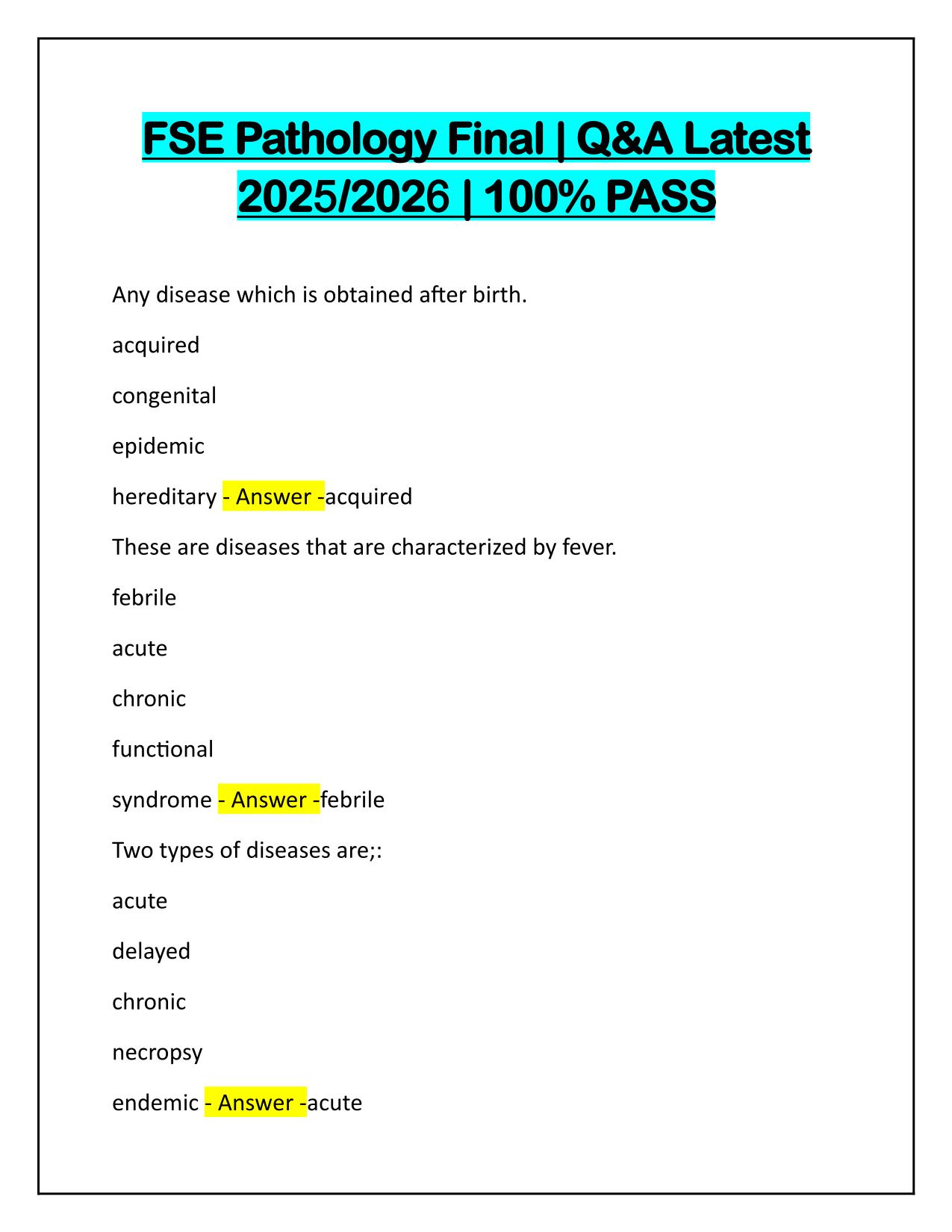 FSE Pathology Final Q&A Latest Update 2025