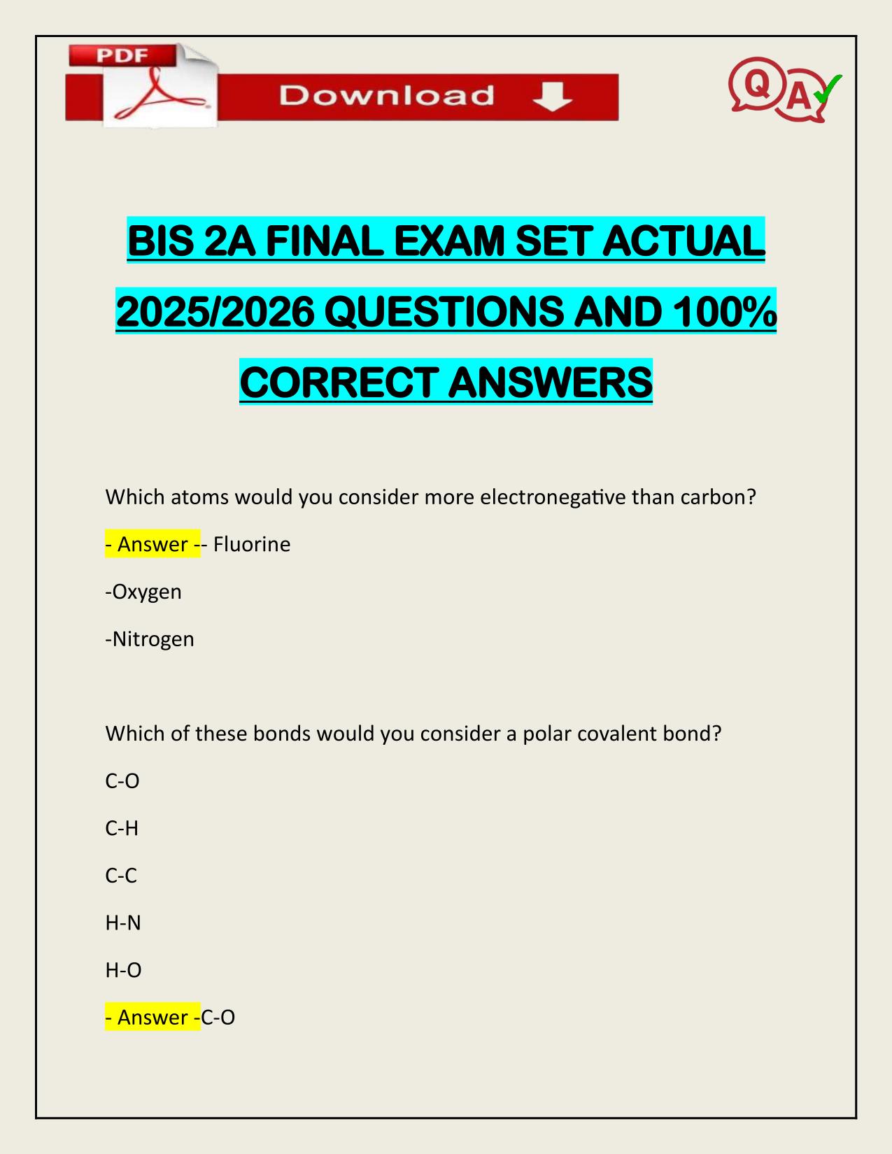BIS 2A FINAL EXAM SET ACTUAL 2025/2026 WITH VERIFIED ANSWERS