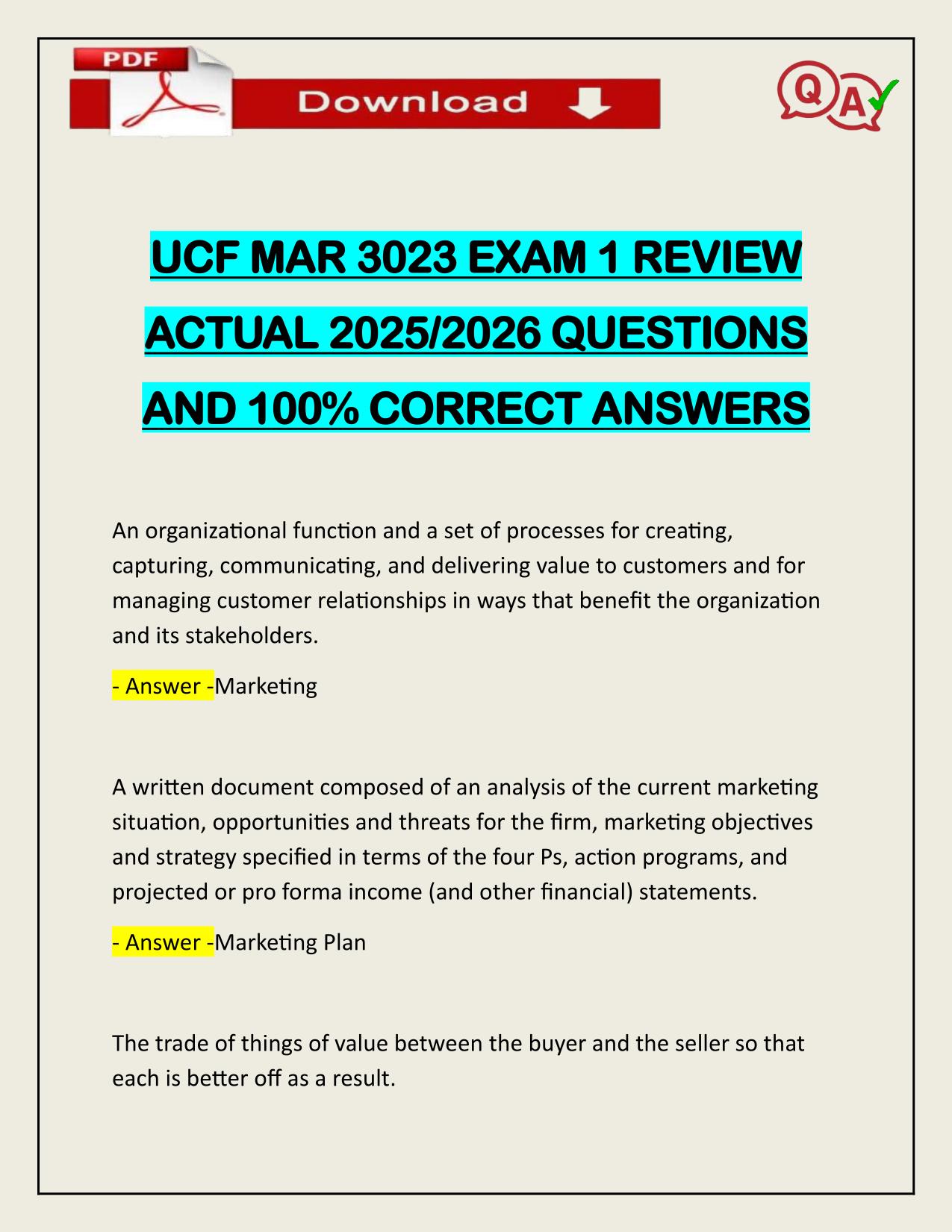 UCF MAR 3023 EXAM 1 REVIEW ACTUAL 2025/2026 QUESTIONS AND 100% CORRECT ANSWERS