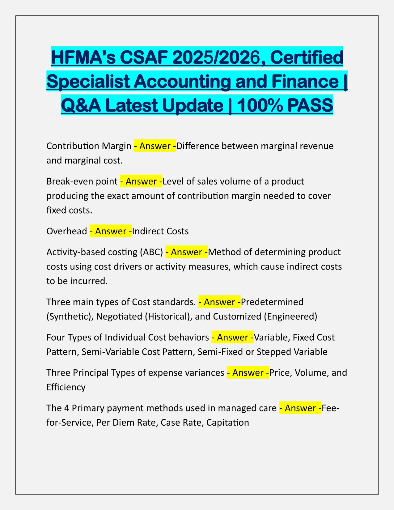 HFMAs CSAF 2025-2026, Certified Specialist Accounting and Finance Q&A Latest Update