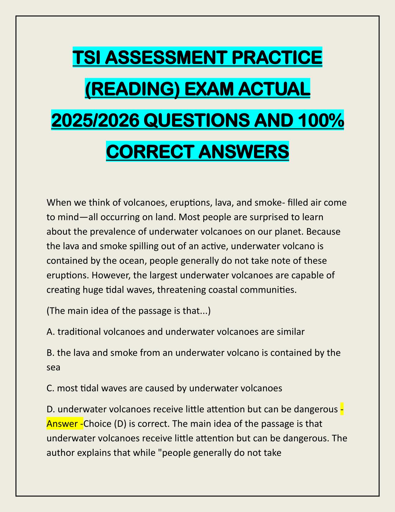 TSI ASSESSMENT PRACTICE (READING) EXAM ACTUAL 2025/2026 QUESTIONS AND 100% CORRECT ANSWERS