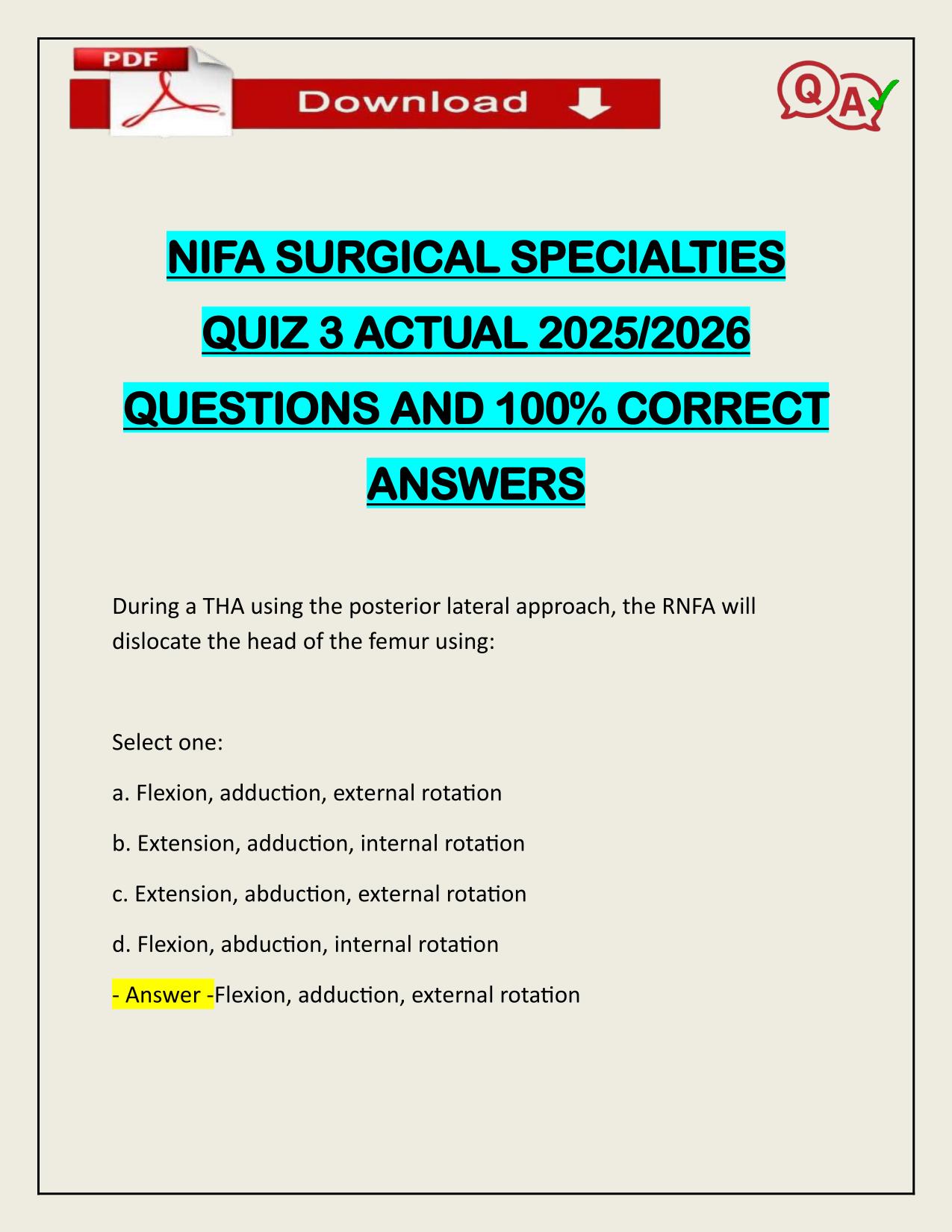 NIFA SURGICAL SPECIALTIES QUIZ 3 ACTUAL 2025/2026 CORRECTLY ANSWERED