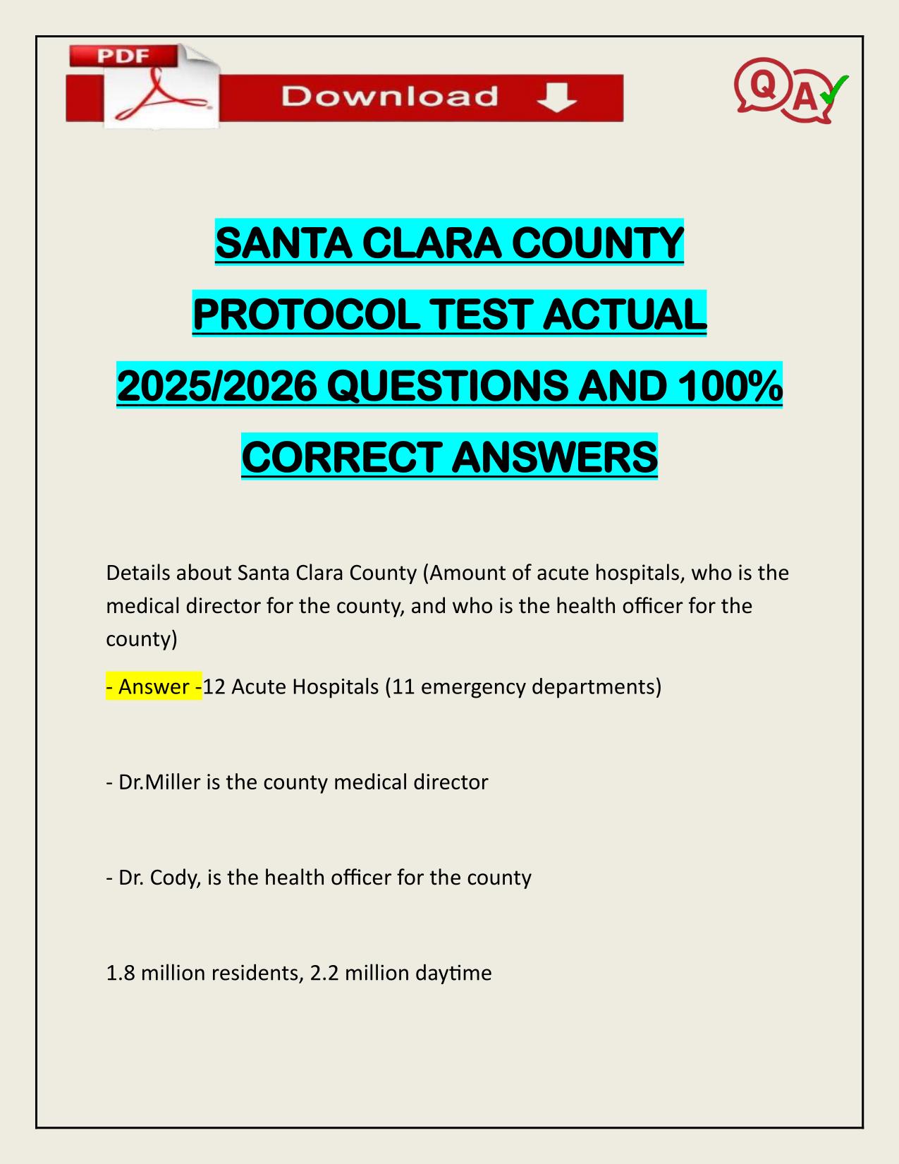 SANTA CLARA COUNTY PROTOCOL TEST ACTUAL 2025/2026 WITH CORRECT ANSWERS