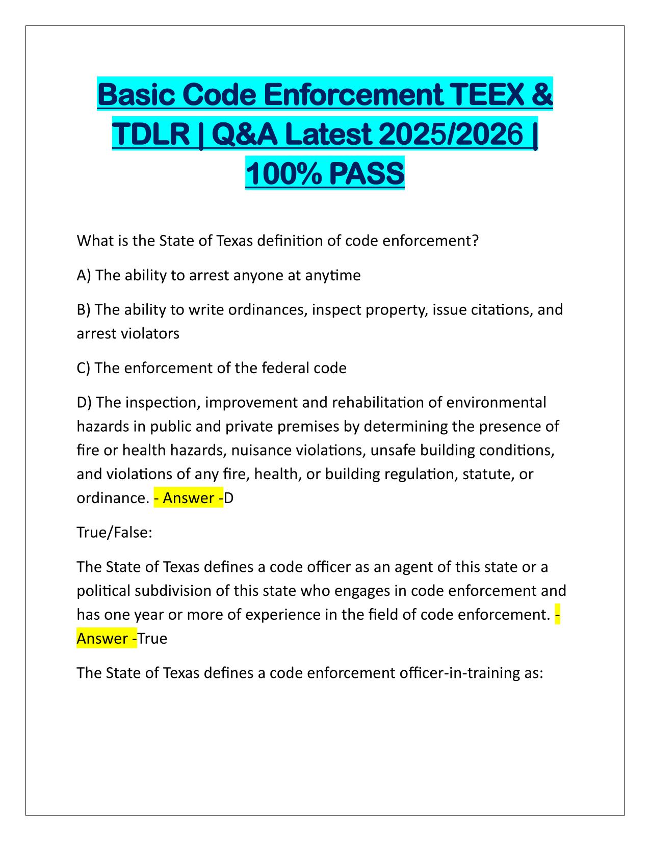 Basic Code Enforcement TEEX and TDLR Q&A Latest Update