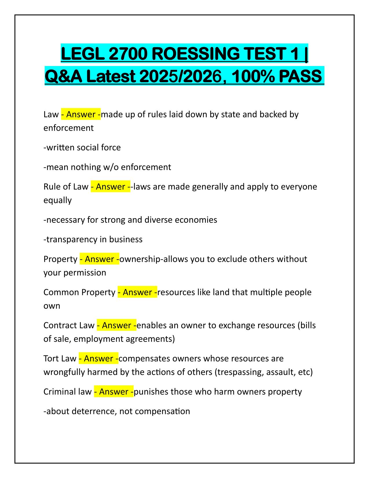 LEGL 2700 ROESSING TEST 1 with Verified Solutions 2025-2026