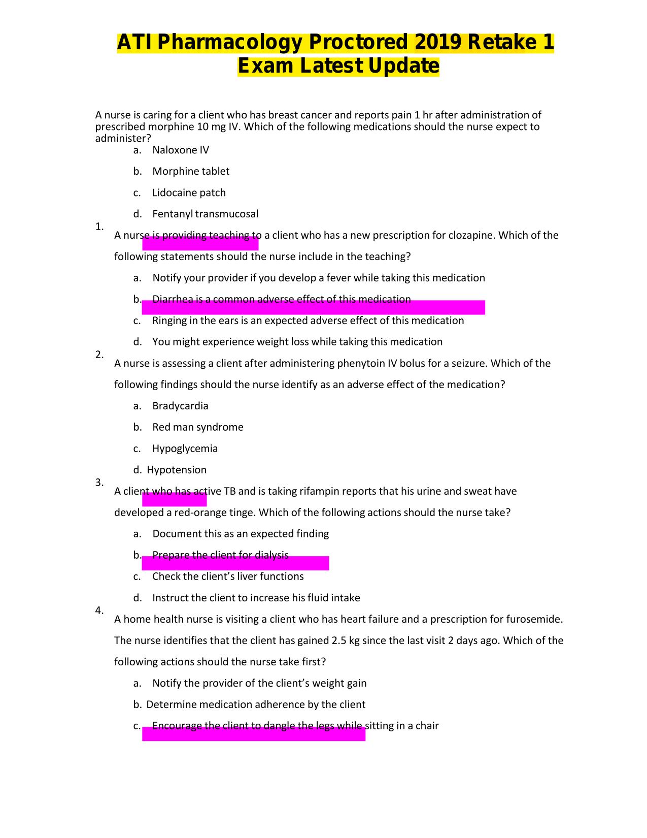 ATI Pharmacology Proctored 2019 Retake 1 exam ACTUAL 2025/2026
