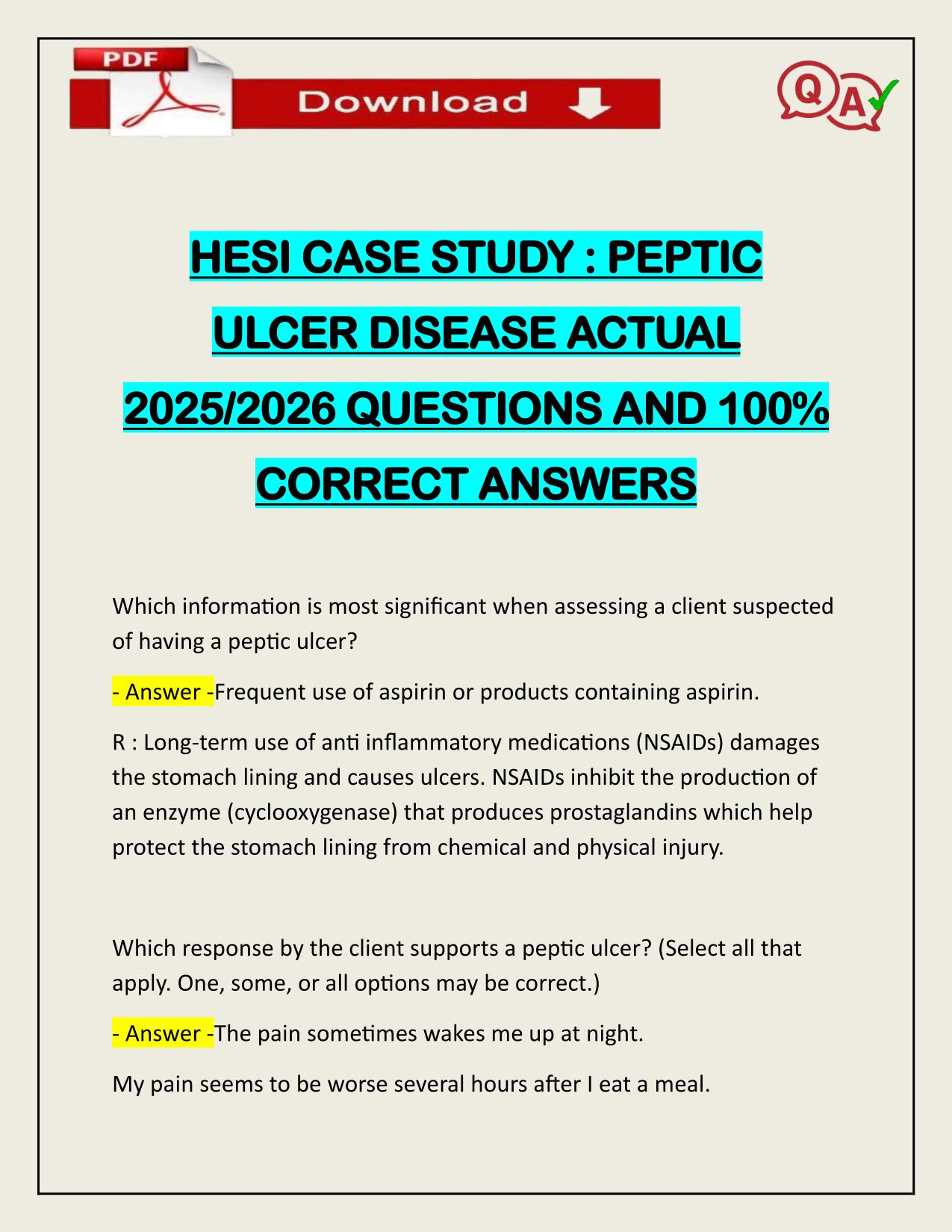 HESI CASE STUDY : PEPTIC ULCER DISEASE ACTUAL 2025/2026 CORRECTLY ANSWERED