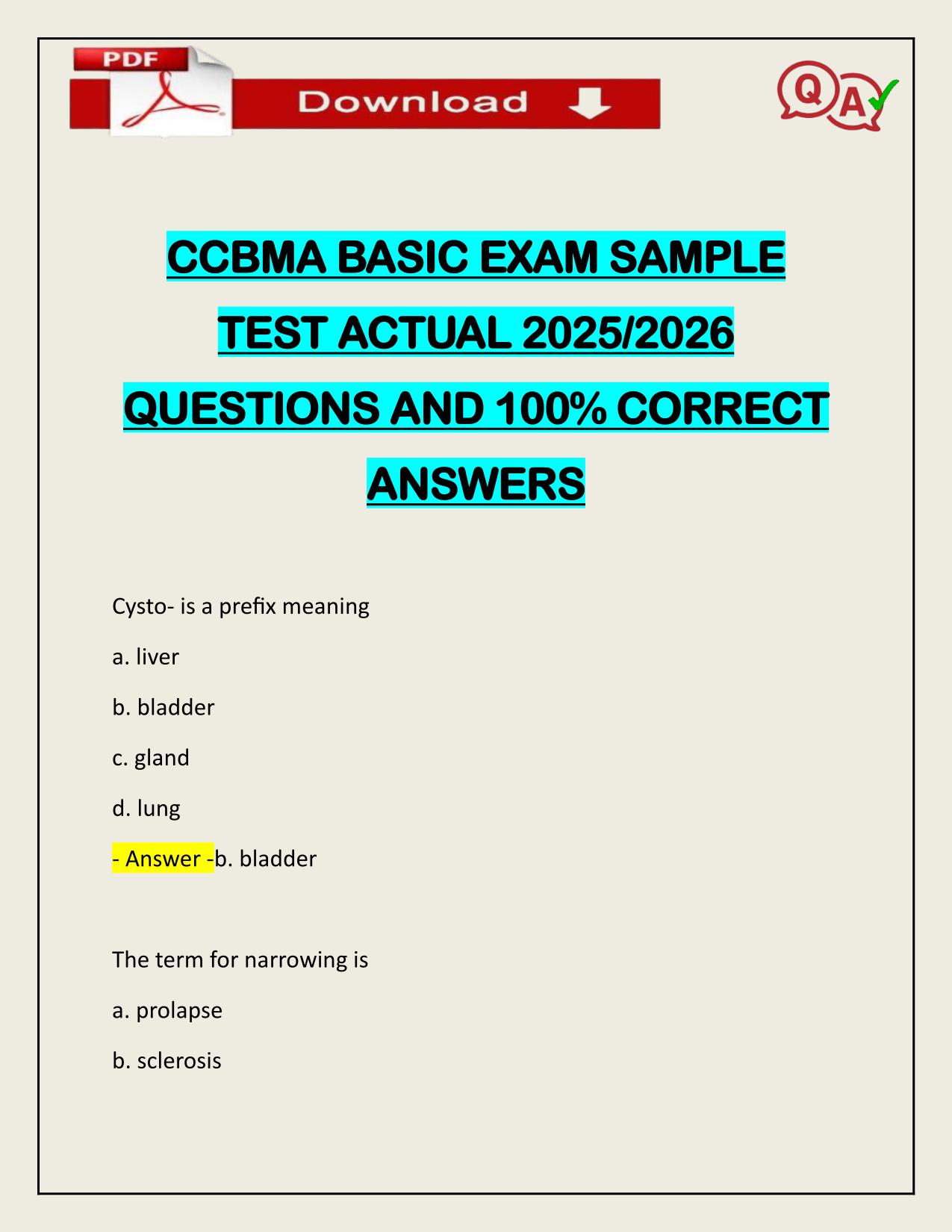 CCBMA BASIC EXAM SAMPLE TEST ACTUAL 2025/2026 UPDATE