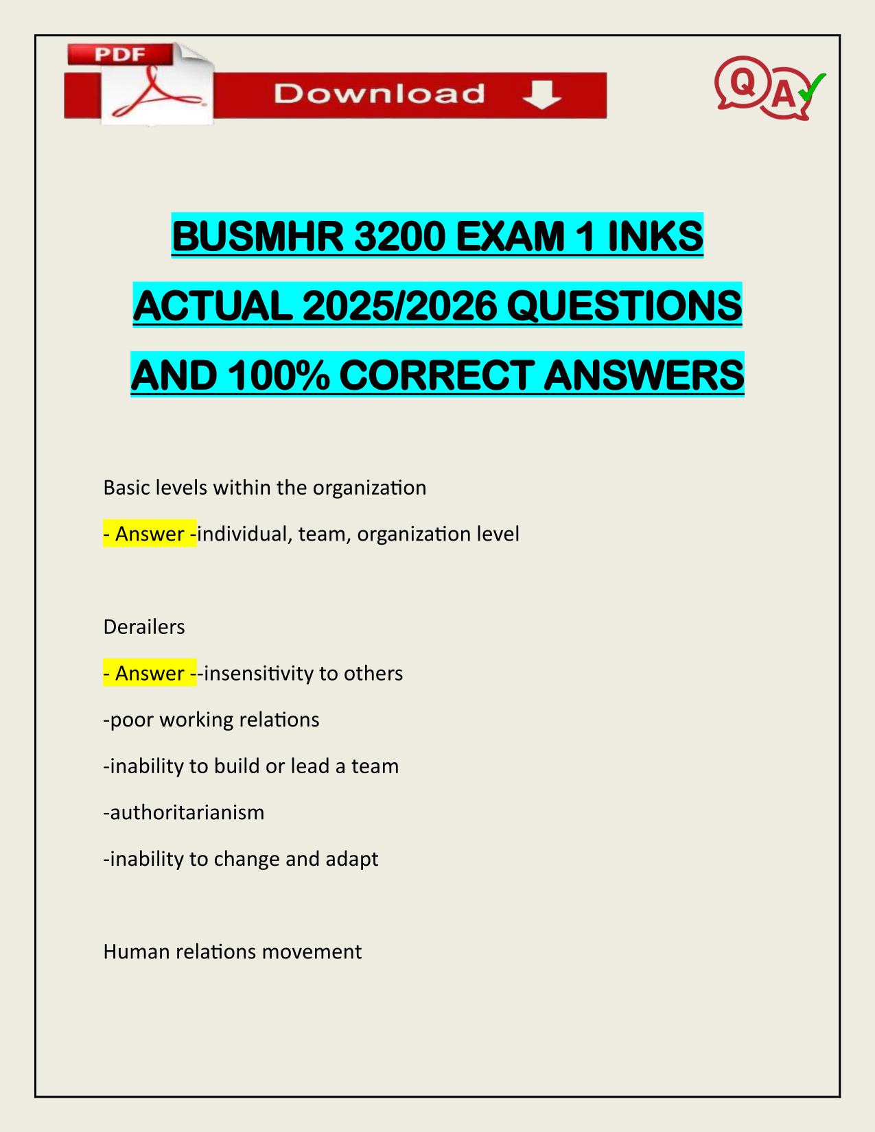BUSMHR 3200 EXAM 1 INKS ACTUAL 2025/2026 QUESTIONS AND 100% CORRECT ANSWERS